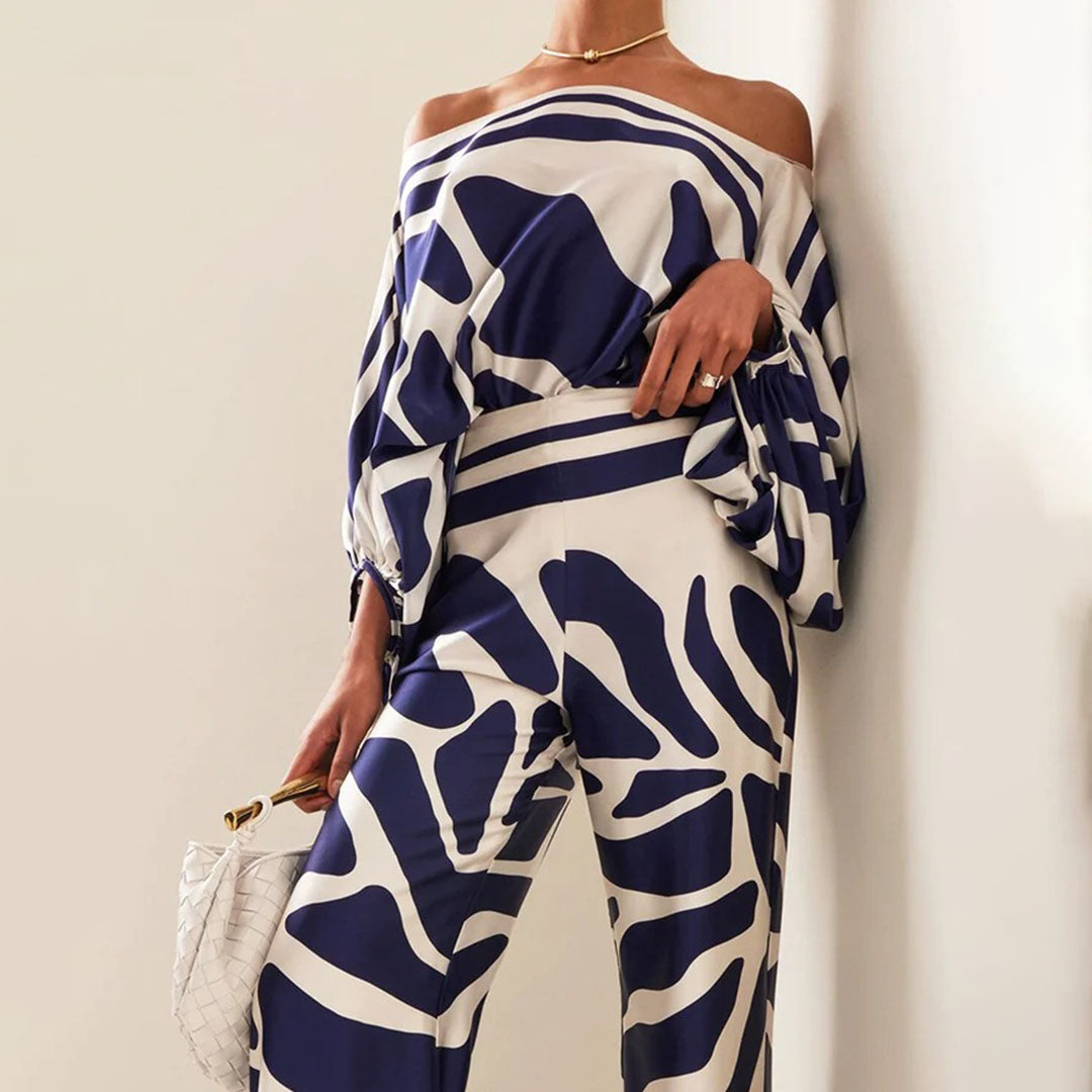 Women's Two-Piece Set with Off-Shoulder Lantern Sleeves and Print 4