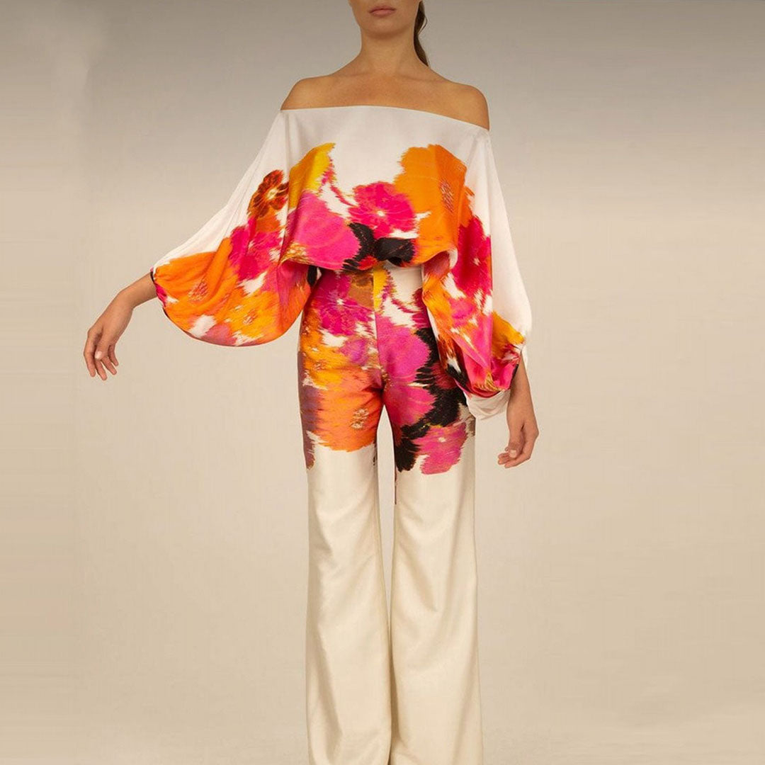 Women's Two-Piece Set with Off-Shoulder Lantern Sleeves and Print 7