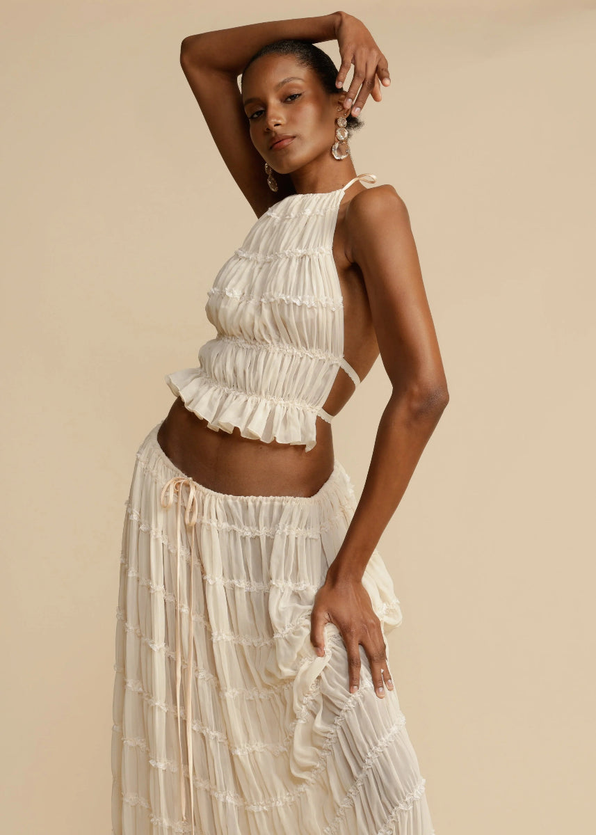 Women's Two Piece Set with Ruffled Halter Top and Maxi Skirt 2