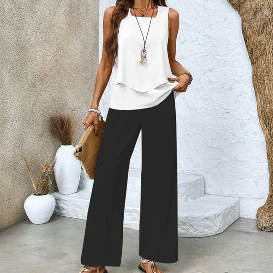 Women's Two-Piece Set with Sleeveless Layered Top and Wide-Leg Pants 8