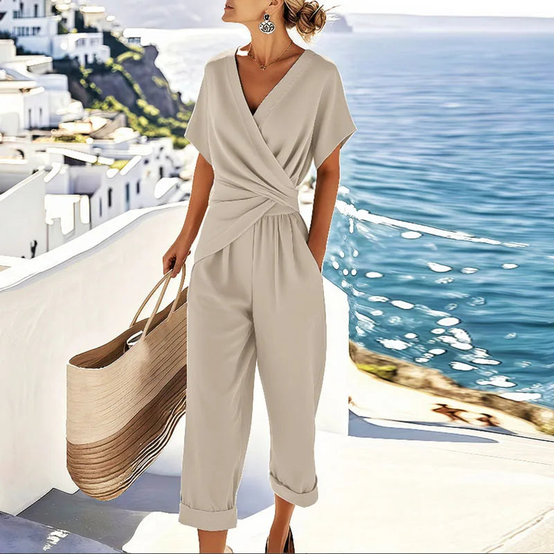 Women's Two-Piece Set with Wrap Top and Cropped Pants 1
