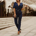 Women's V-Neck Belted Jumpsuit with Tapered Legs 1