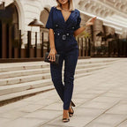 Women's V-Neck Belted Jumpsuit with Tapered Legs 1