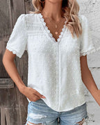 Women's V-Neck Blouse with Lace Trim Detail in White 2