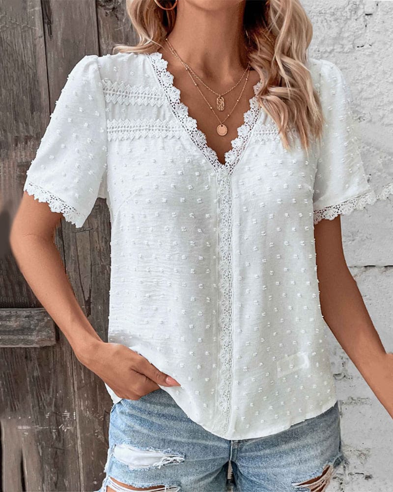Women's V-Neck Blouse with Lace Trim Detail in White 2