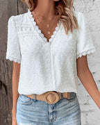 Women's V-Neck Blouse with Lace Trim Detail in White 3