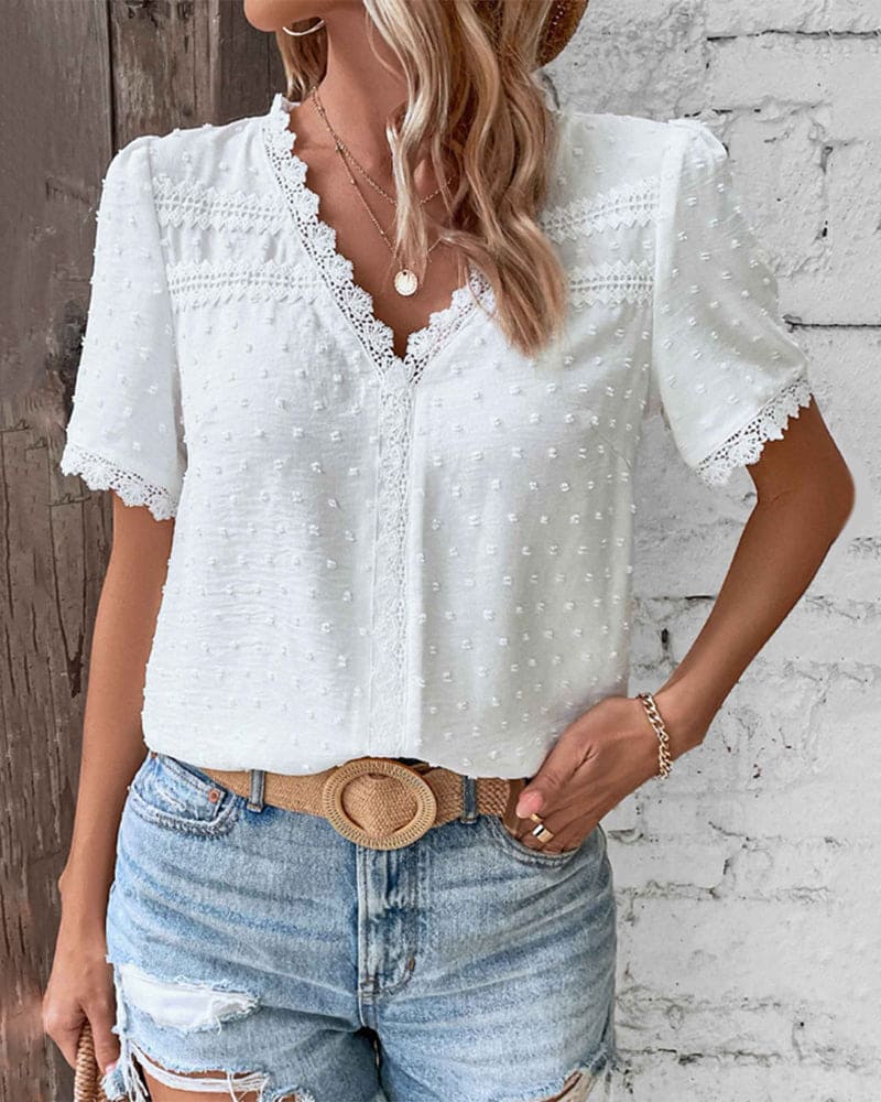 Women's V-Neck Blouse with Lace Trim Detail in White 4