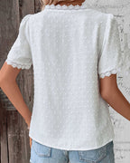 Women's V-Neck Blouse with Lace Trim Detail in White 5