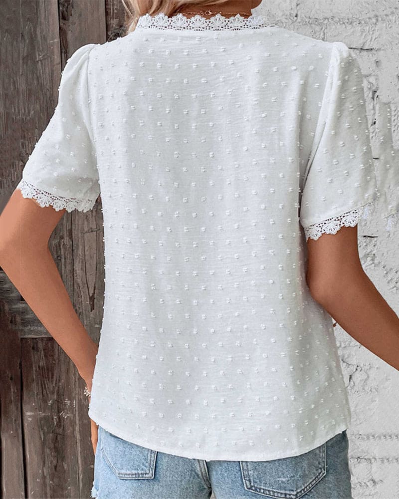 Women's V-Neck Blouse with Lace Trim Detail in White 5