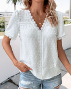 Women's V-Neck Blouse with Lace Trim Detail in White 6