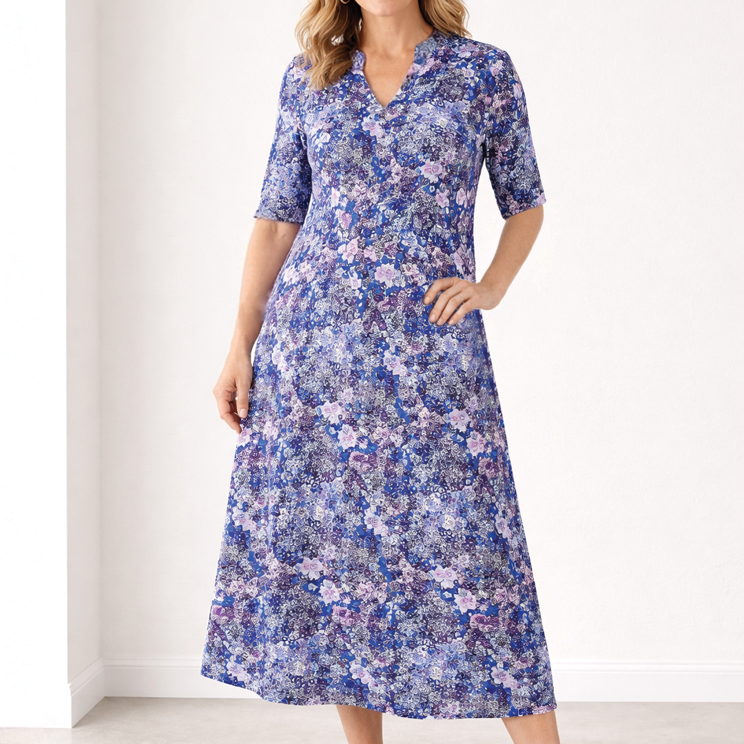 Women's V-Neck Button-Front Midi Dress with 3/4 Sleeves 1