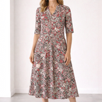 Women's V-Neck Button-Front Midi Dress with 3/4 Sleeves 2