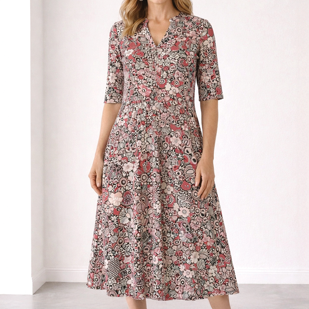 Women's V-Neck Button-Front Midi Dress with 3/4 Sleeves 2