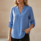 Women's V-Neck Cotton Linen Tunic Blouse with Roll-Up Sleeves 1