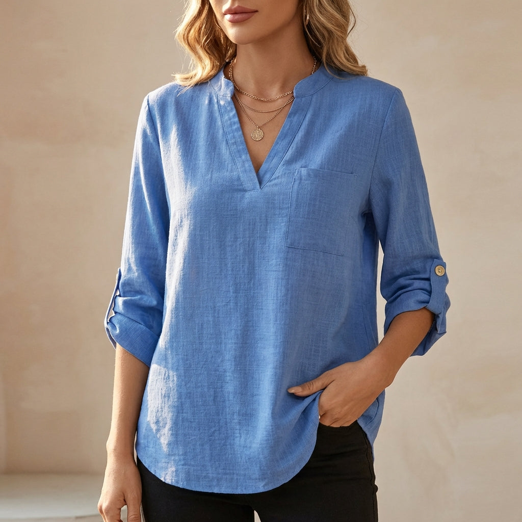 Women's V-Neck Cotton Linen Tunic Blouse with Roll-Up Sleeves 1