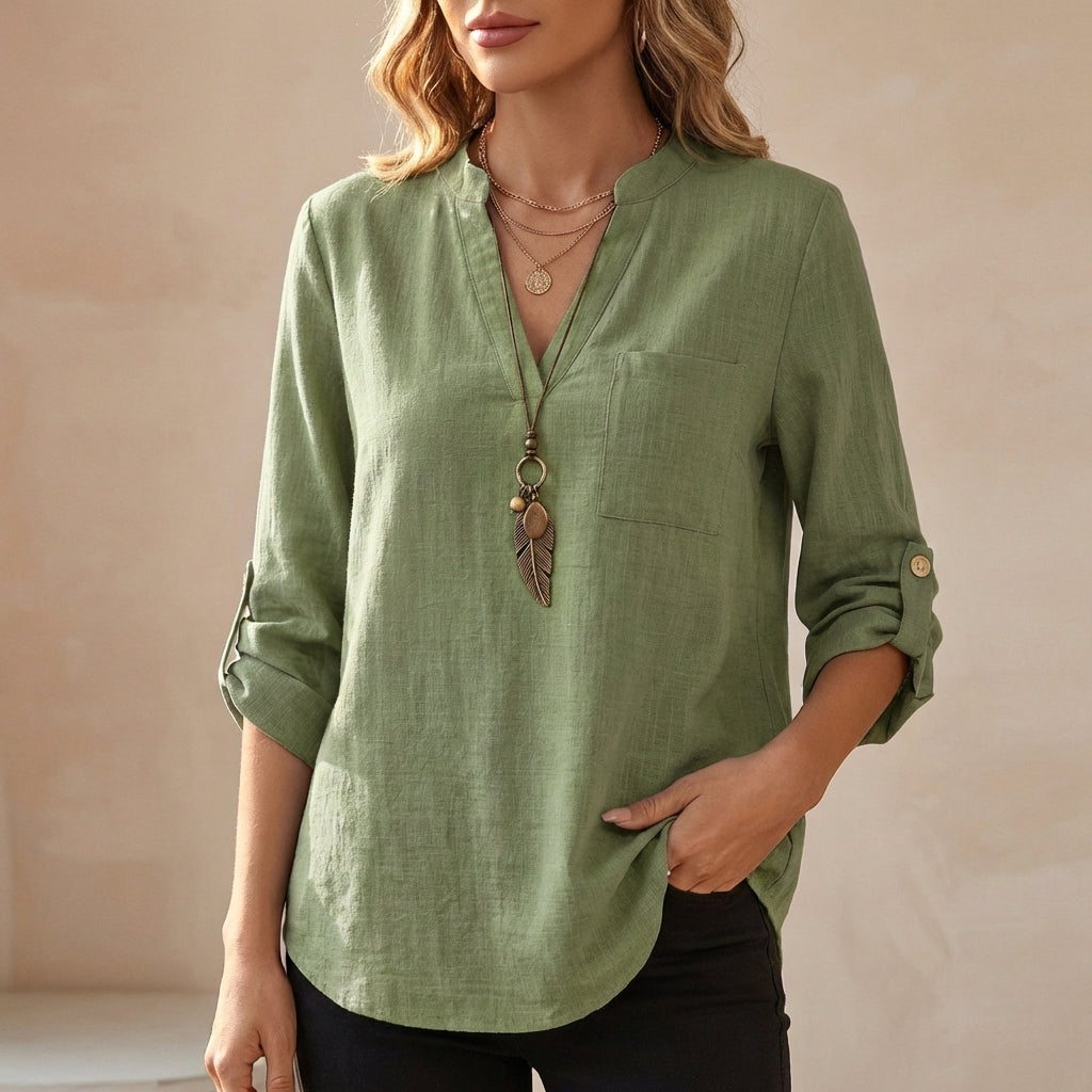 Women's V-Neck Cotton Linen Tunic Blouse with Roll-Up Sleeves 2