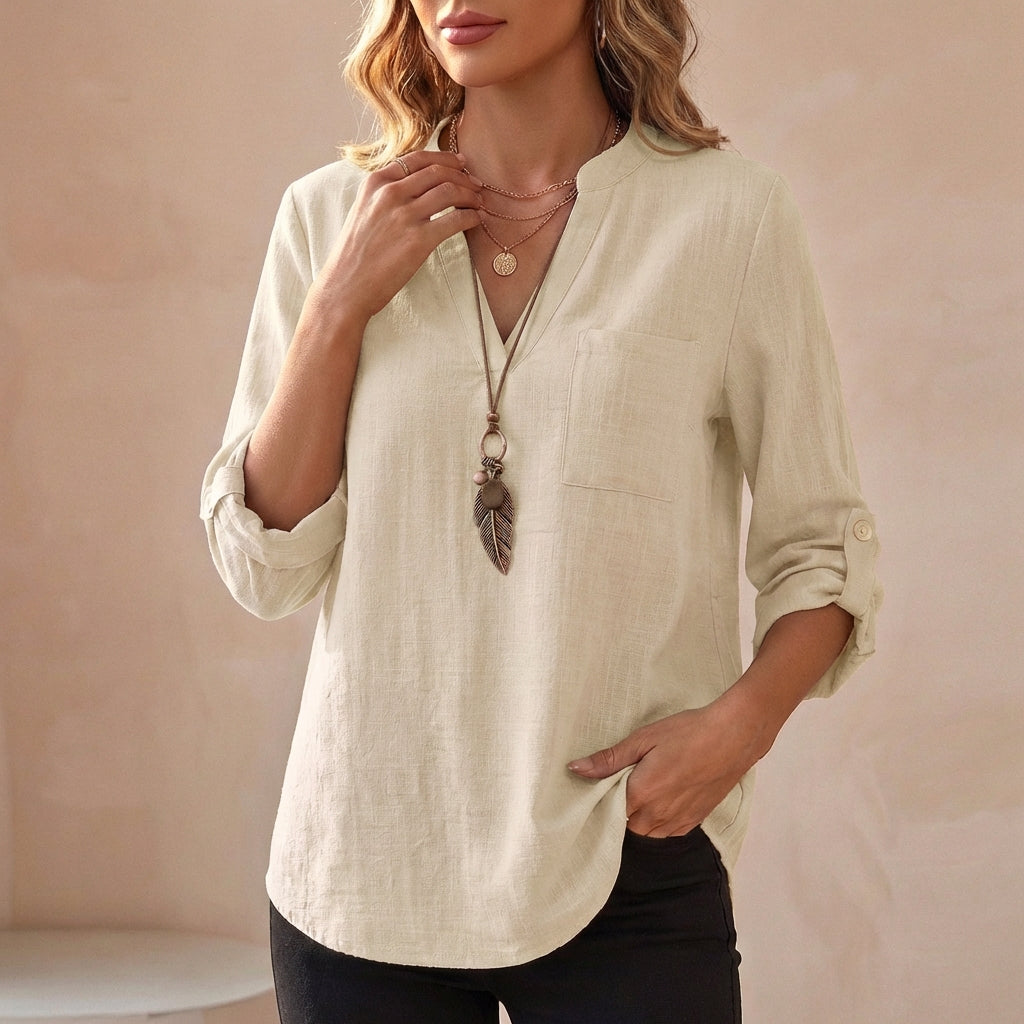 Women's V-Neck Cotton Linen Tunic Blouse with Roll-Up Sleeves 3