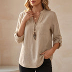 Women's V-Neck Cotton Linen Tunic Blouse with Roll-Up Sleeves 4