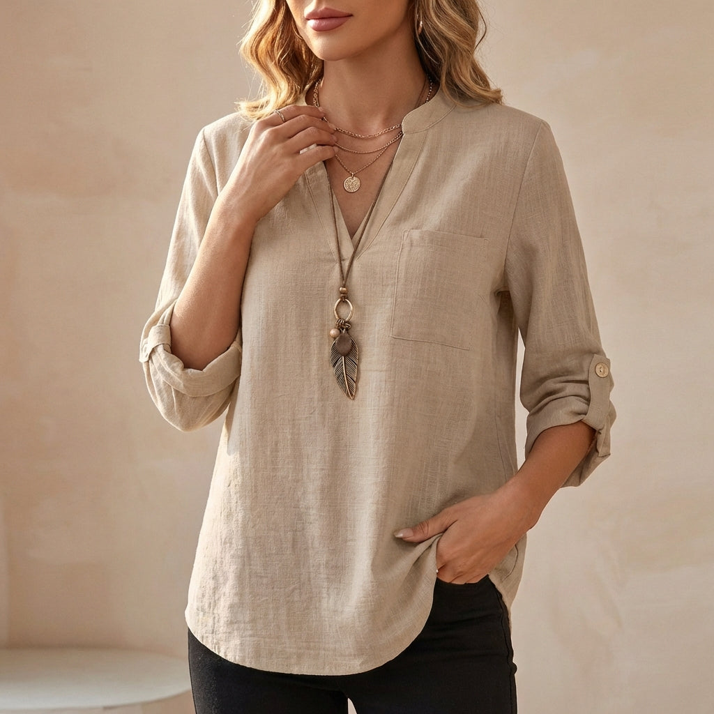 Women's V-Neck Cotton Linen Tunic Blouse with Roll-Up Sleeves 4