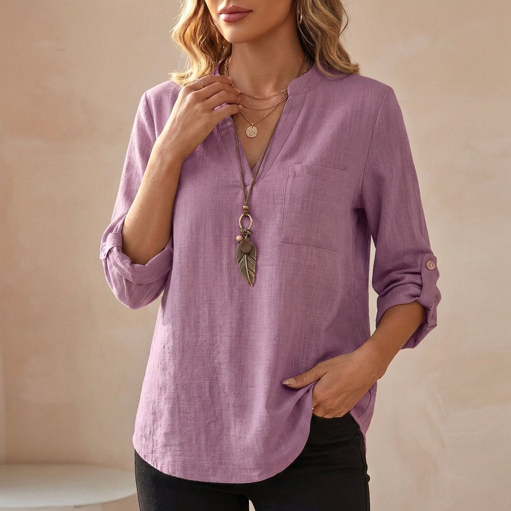 Women's V-Neck Cotton Linen Tunic Blouse with Roll-Up Sleeves 5