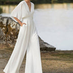 Women's V-Neck Half Sleeve Jumpsuit with Wide Leg 1