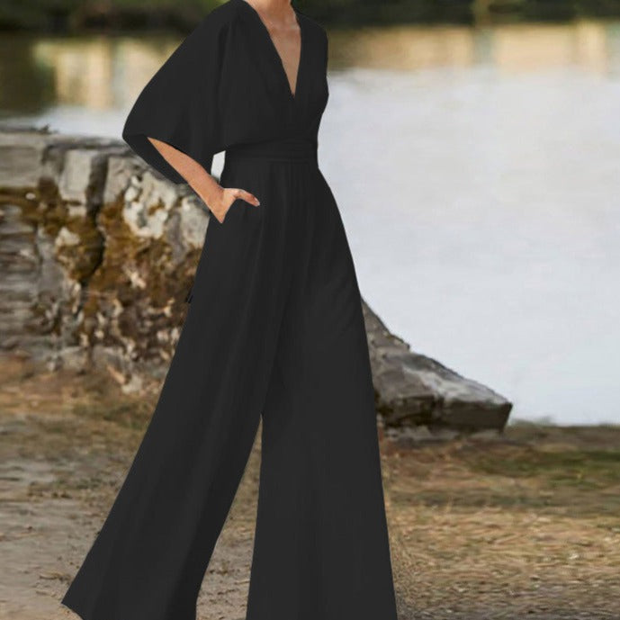 Women's V-Neck Half Sleeve Jumpsuit with Wide Leg 2