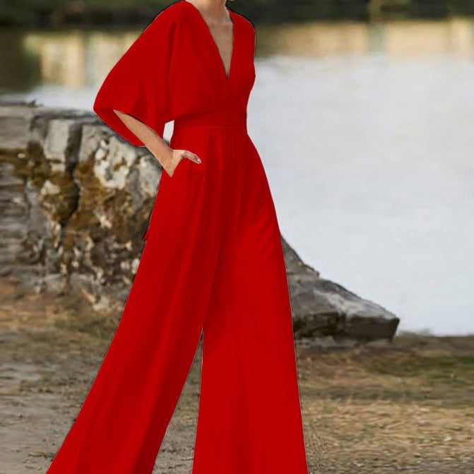 Women's V-Neck Half Sleeve Jumpsuit with Wide Leg 3