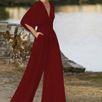 Women's V-Neck Half Sleeve Jumpsuit with Wide Leg 4