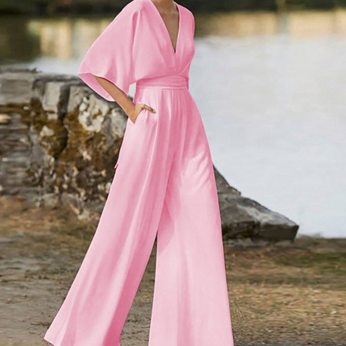 Women's V-Neck Half Sleeve Jumpsuit with Wide Leg 5