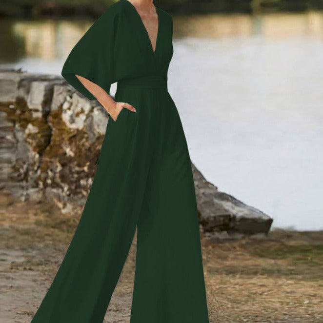 Women's V-Neck Half Sleeve Jumpsuit with Wide Leg 6