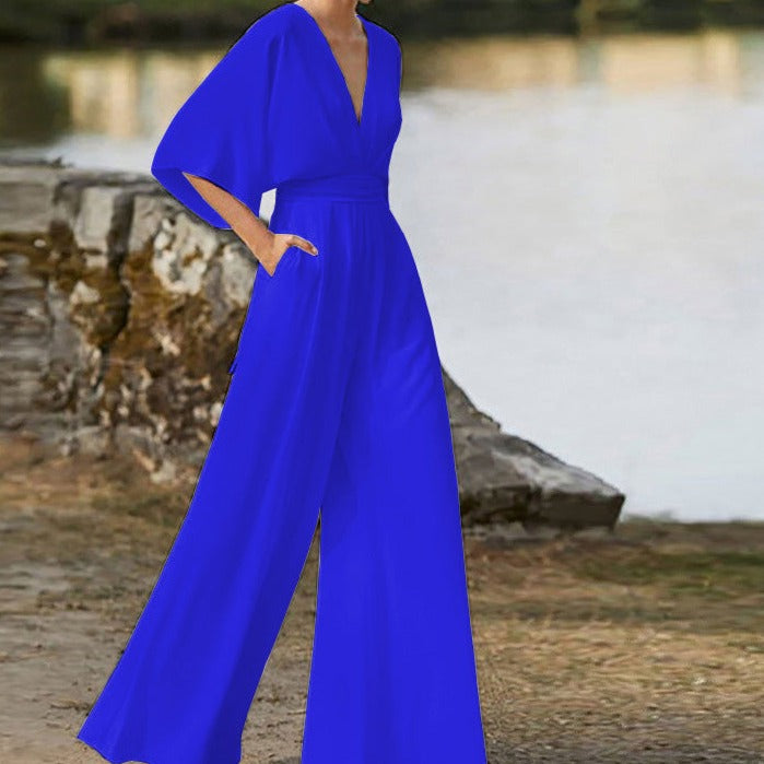 Women's V-Neck Half Sleeve Jumpsuit with Wide Leg 7