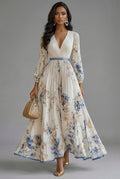 Women's V-Neck Long Sleeve Maxi Dress with Pleated Skirt 1