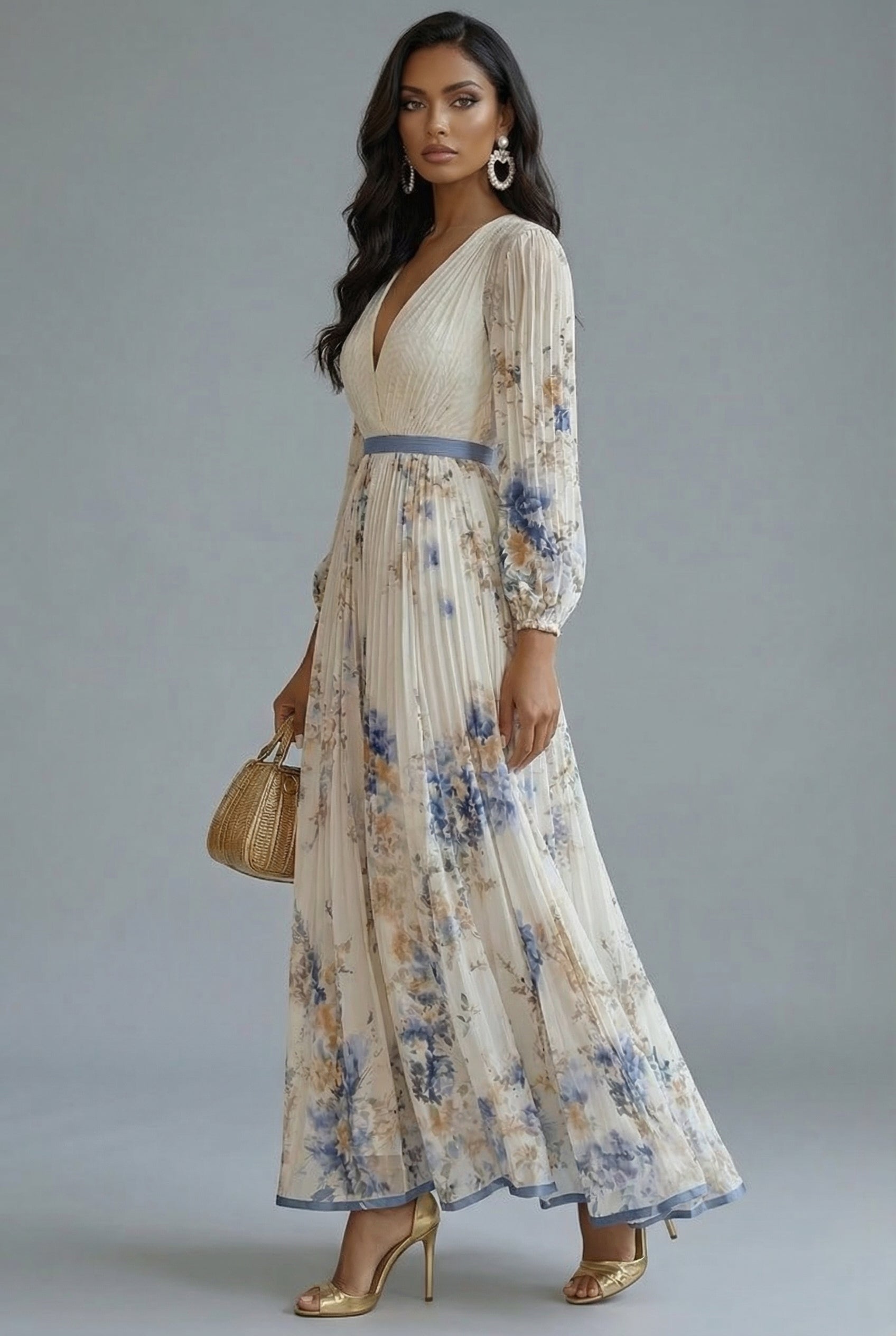 Women's V-Neck Long Sleeve Maxi Dress with Pleated Skirt 2