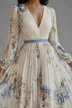 Women's V-Neck Long Sleeve Maxi Dress with Pleated Skirt 4