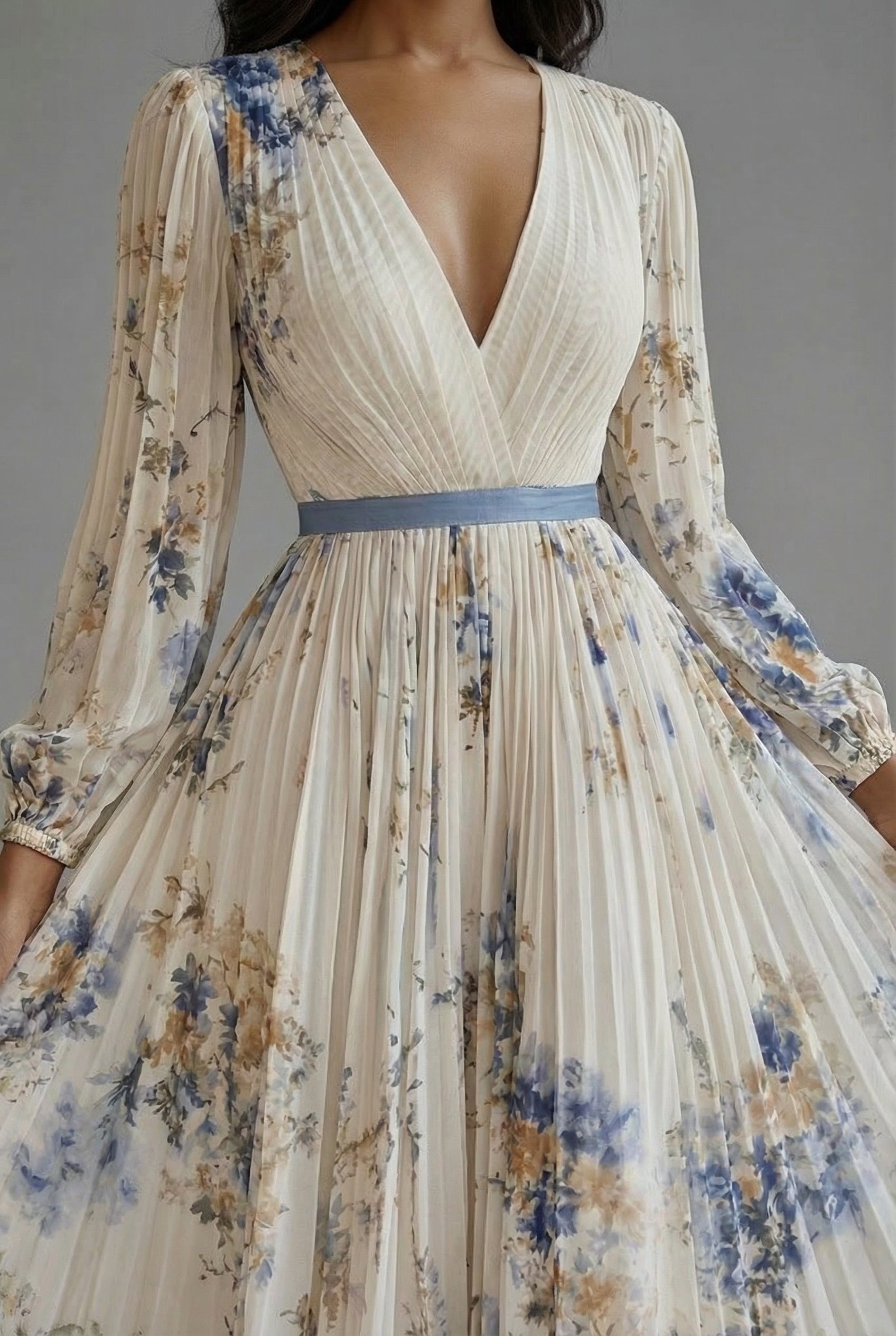 Women's V-Neck Long Sleeve Maxi Dress with Pleated Skirt 4