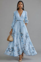 Women's V-Neck Long Sleeve Maxi Dress with Pleated Skirt 5