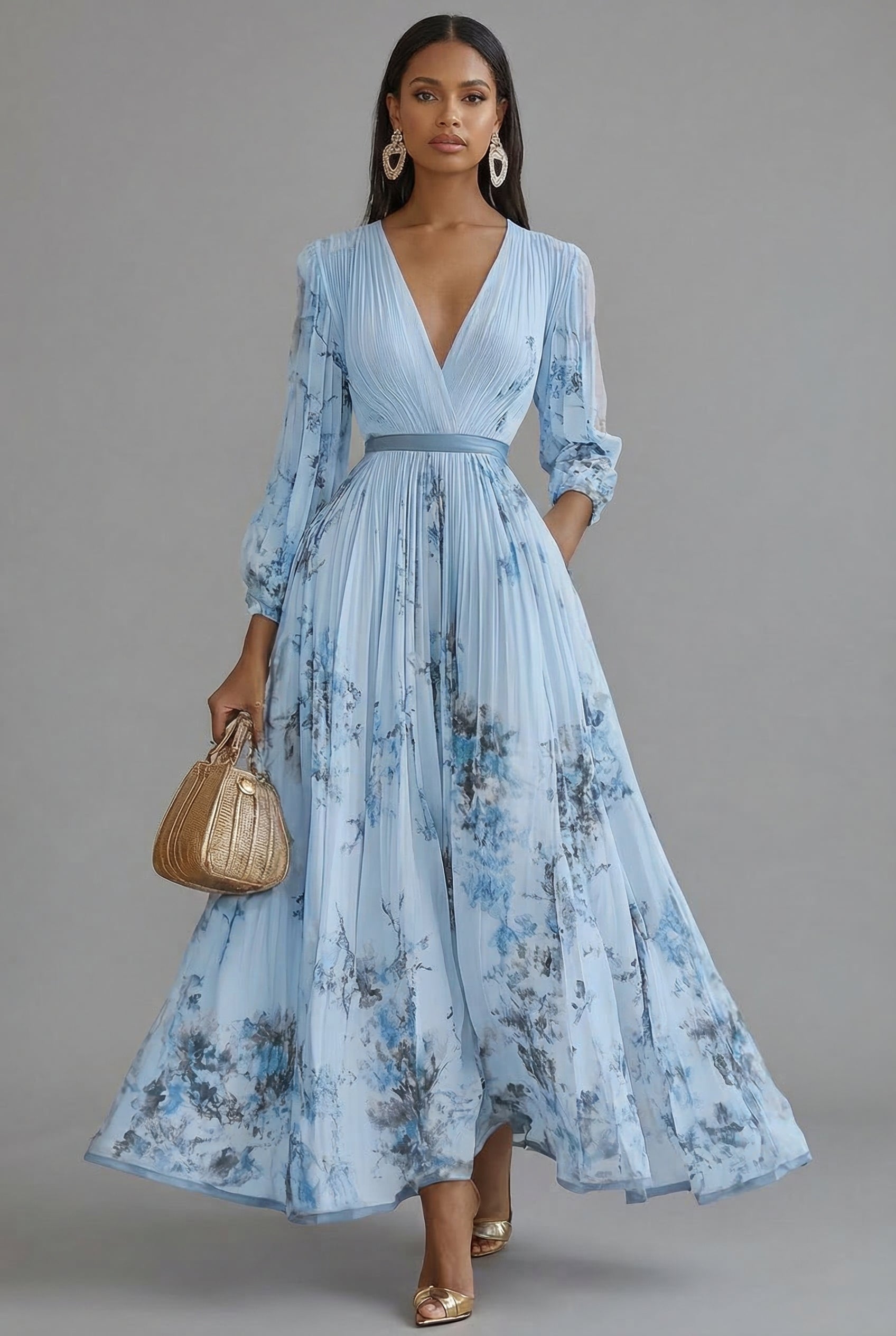 Women's V-Neck Long Sleeve Maxi Dress with Pleated Skirt 5