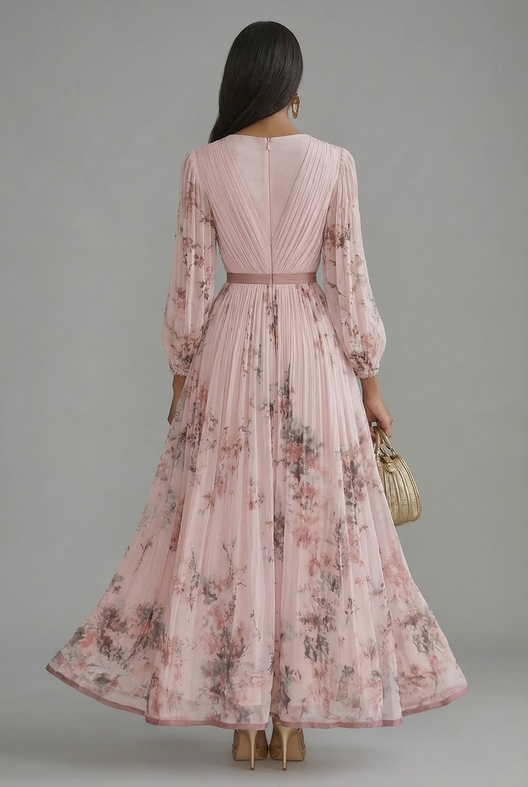 Women's V-Neck Long Sleeve Maxi Dress with Pleated Skirt 6