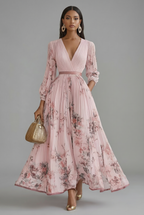 Women's V-Neck Long Sleeve Maxi Dress with Pleated Skirt 7