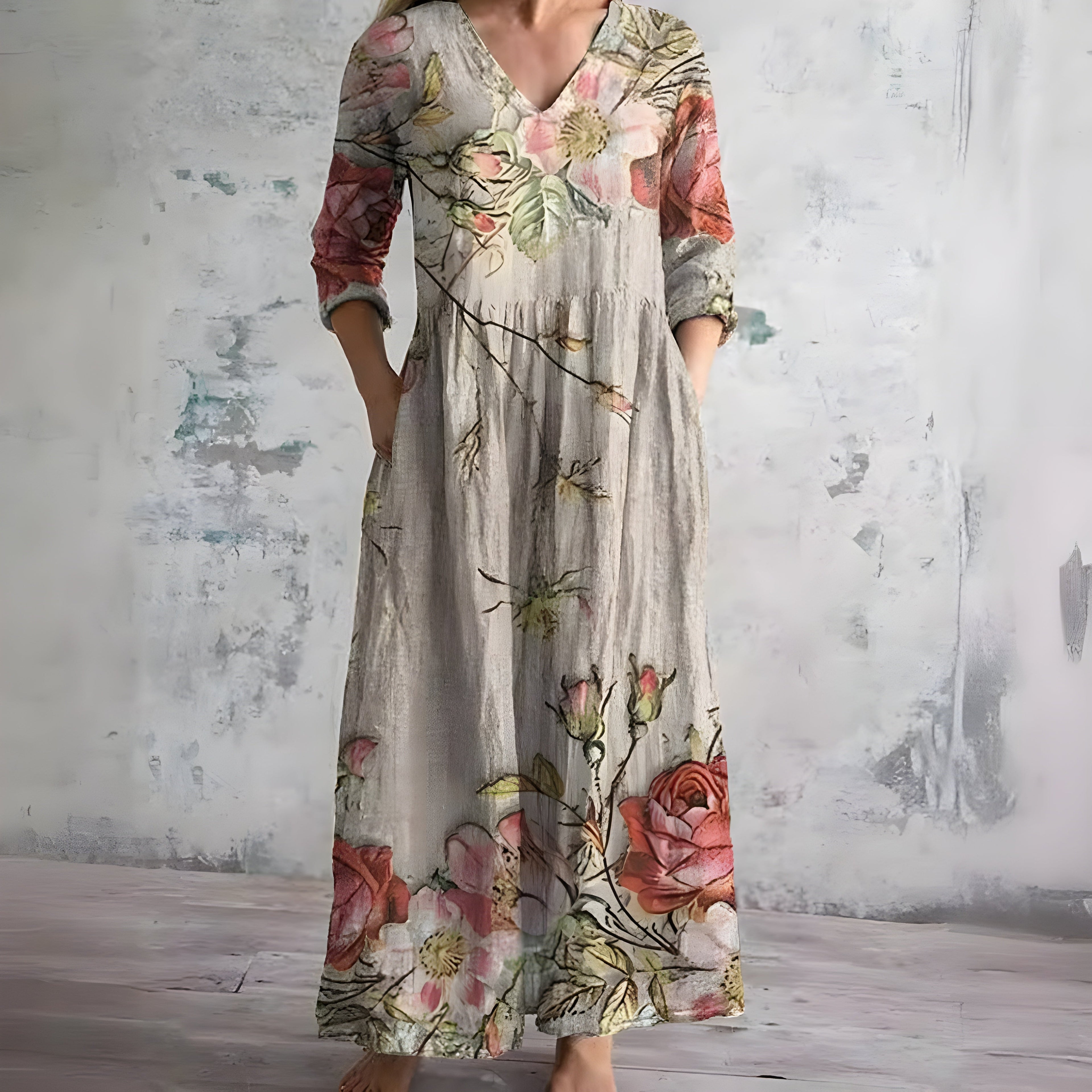 Women's V-Neck Maxi Dress with Floral Print 2
