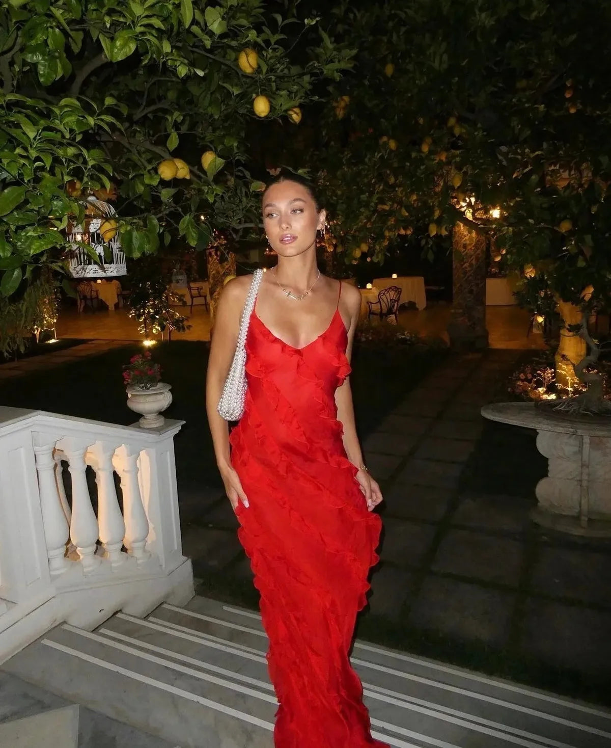Women's V-Neck Maxi Dress with Ruffle Details and Open Back 2