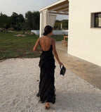 Women's V-Neck Maxi Dress with Ruffle Details and Open Back 8