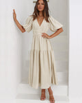 Women's V-Neck Maxi Dress with Short Puff Sleeves and Elastic Waist 1