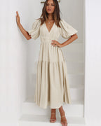 Women's V-Neck Maxi Dress with Short Puff Sleeves and Elastic Waist 1