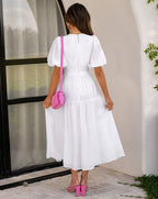 Women's V-Neck Maxi Dress with Short Puff Sleeves and Elastic Waist 11
