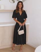 Women's V-Neck Maxi Dress with Short Puff Sleeves and Elastic Waist 2