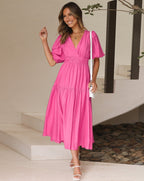 Women's V-Neck Maxi Dress with Short Puff Sleeves and Elastic Waist 3