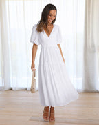 Women's V-Neck Maxi Dress with Short Puff Sleeves and Elastic Waist 4