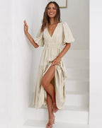 Women's V-Neck Maxi Dress with Short Puff Sleeves and Elastic Waist 5