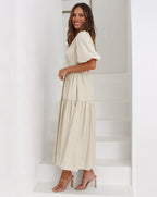 Women's V-Neck Maxi Dress with Short Puff Sleeves and Elastic Waist 6